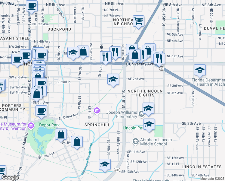 map of restaurants, bars, coffee shops, grocery stores, and more near 1010 Southeast 4th Avenue in Gainesville