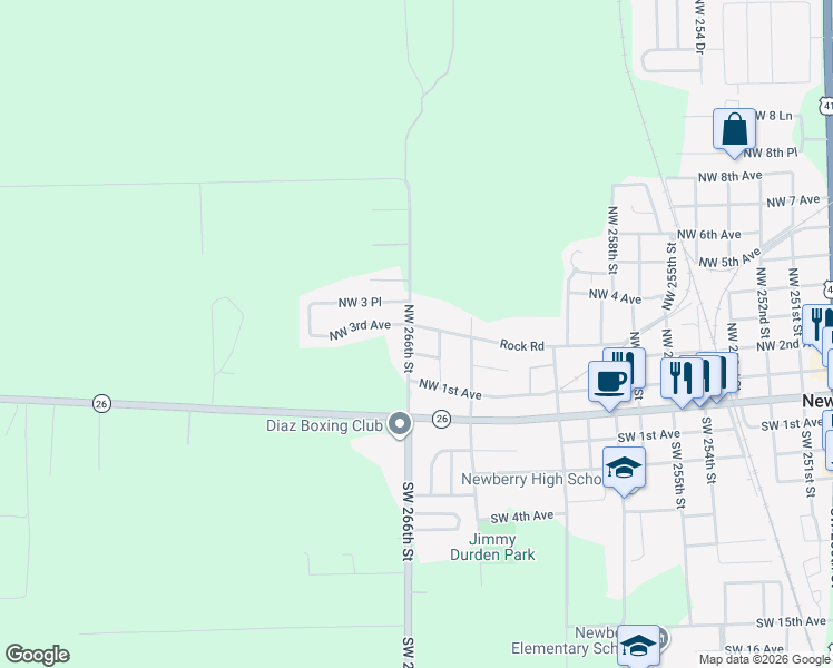 map of restaurants, bars, coffee shops, grocery stores, and more near 26551 Northwest 3rd Avenue in Newberry