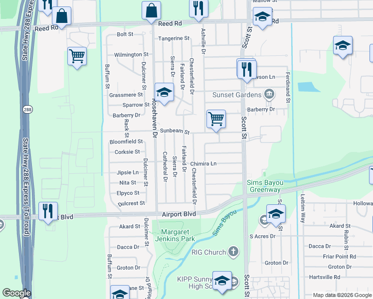 map of restaurants, bars, coffee shops, grocery stores, and more near 10018 Chesterfield Drive in Houston