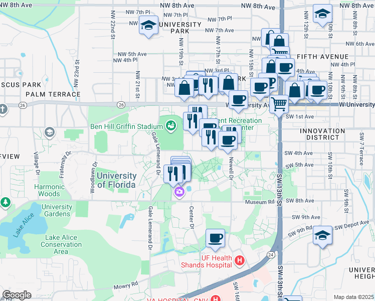 map of restaurants, bars, coffee shops, grocery stores, and more near Stadium Road in Gainesville