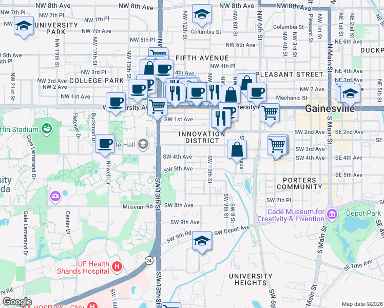 map of restaurants, bars, coffee shops, grocery stores, and more near 1113 Southwest 3rd Avenue in Gainesville