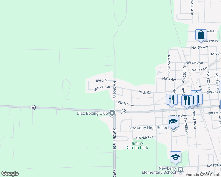 map of restaurants, bars, coffee shops, grocery stores, and more near 26551 Northwest 3rd Avenue in Newberry