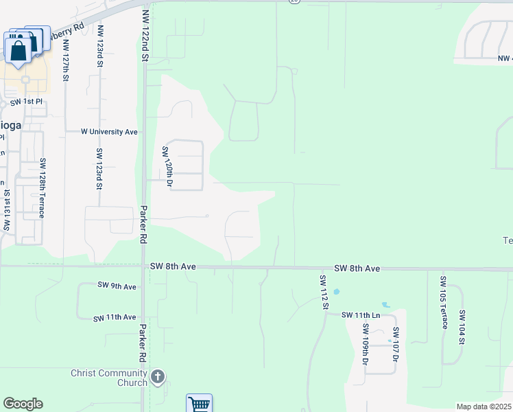 map of restaurants, bars, coffee shops, grocery stores, and more near 404 Southwest 117 Street in Gainesville