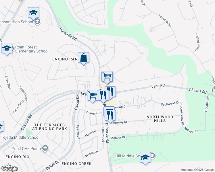 map of restaurants, bars, coffee shops, grocery stores, and more near 22250 Bulverde Road in San Antonio