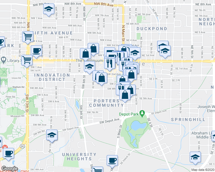 map of restaurants, bars, coffee shops, grocery stores, and more near 224 Southwest 3rd Avenue in Gainesville