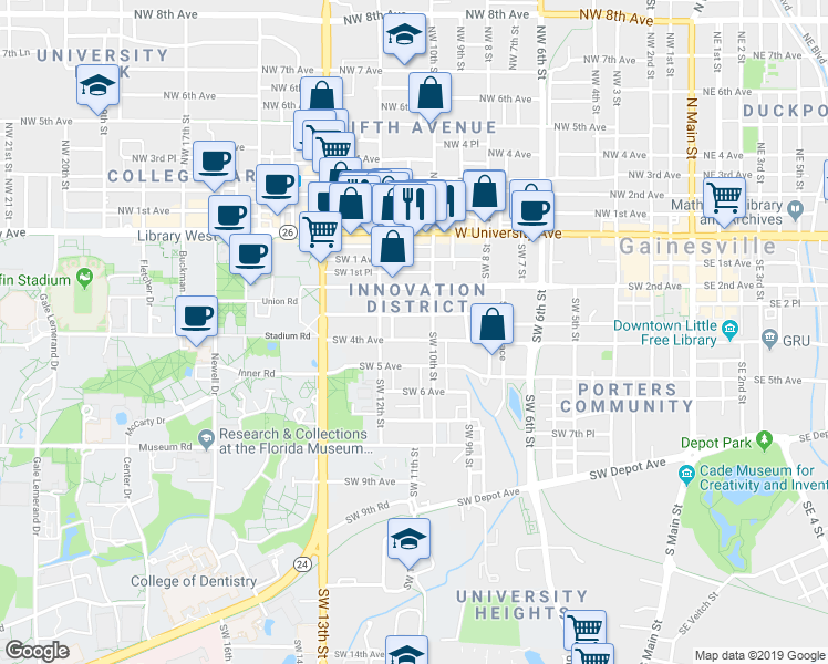 map of restaurants, bars, coffee shops, grocery stores, and more near 1113 Southwest 3rd Avenue in Gainesville