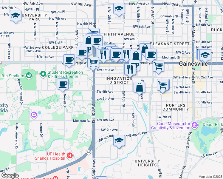 map of restaurants, bars, coffee shops, grocery stores, and more near 1113 Southwest 3rd Avenue in Gainesville