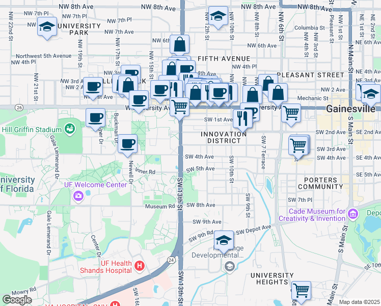 map of restaurants, bars, coffee shops, grocery stores, and more near 1231 Southwest 3rd Avenue in Gainesville