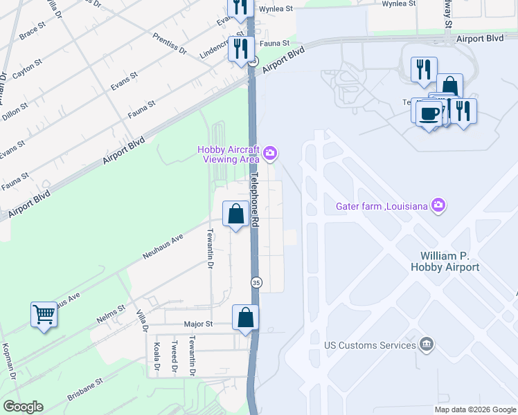 map of restaurants, bars, coffee shops, grocery stores, and more near 8200-8270 Telephone Road in Houston