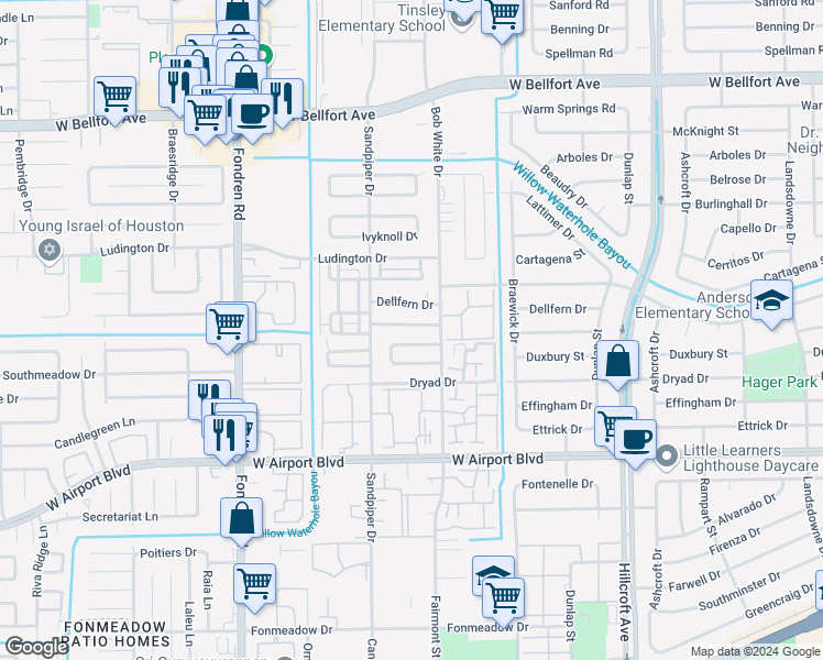 map of restaurants, bars, coffee shops, grocery stores, and more near 6338 Dawnridge Drive in Houston
