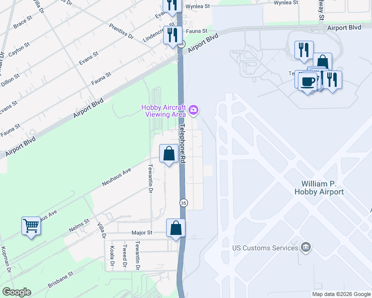 map of restaurants, bars, coffee shops, grocery stores, and more near 8200-8270 Telephone Road in Houston