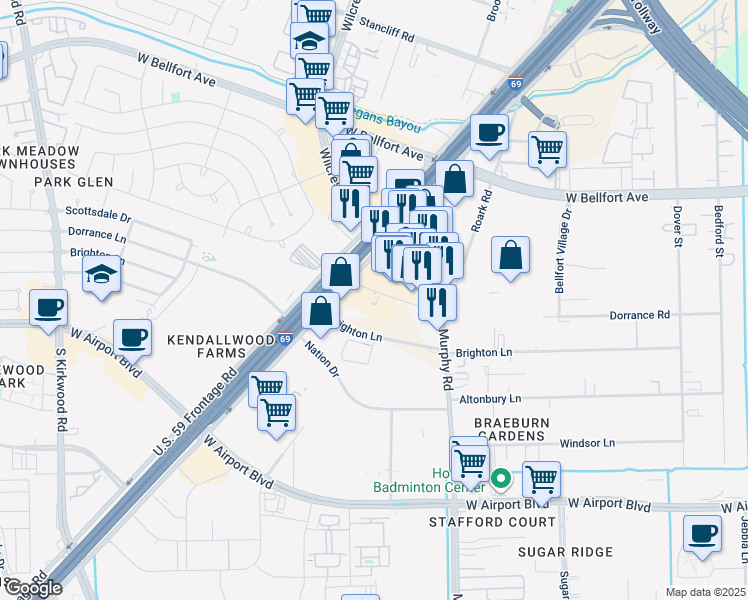 map of restaurants, bars, coffee shops, grocery stores, and more near Unnamed Road in Houston
