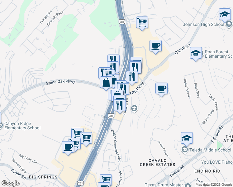 map of restaurants, bars, coffee shops, grocery stores, and more near US-281 & Stone Oak Pkwy in San Antonio