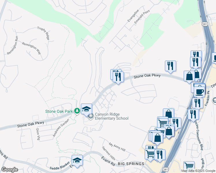 map of restaurants, bars, coffee shops, grocery stores, and more near 20611 Stone Oak Parkway in San Antonio
