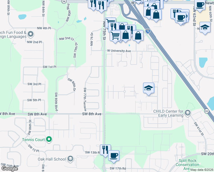 map of restaurants, bars, coffee shops, grocery stores, and more near 405 Southwest 75th Street in Gainesville