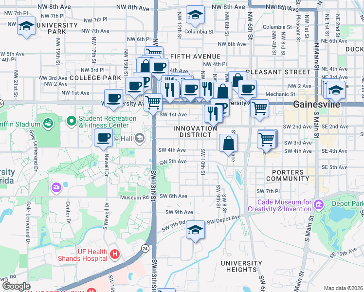 map of restaurants, bars, coffee shops, grocery stores, and more near 1113 Southwest 3rd Avenue in Gainesville