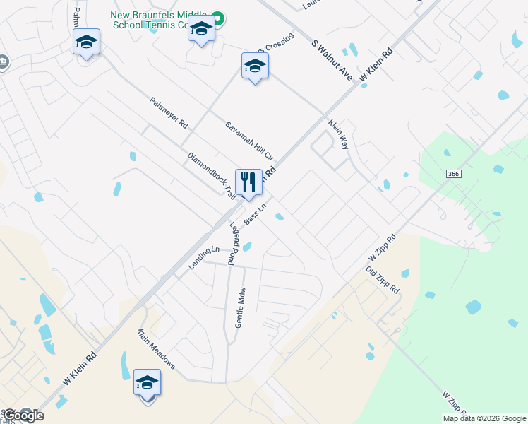 map of restaurants, bars, coffee shops, grocery stores, and more near 140 Bass Lane in New Braunfels
