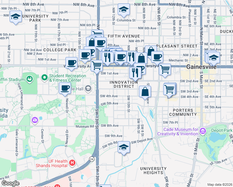map of restaurants, bars, coffee shops, grocery stores, and more near 1113 Southwest 3rd Avenue in Gainesville