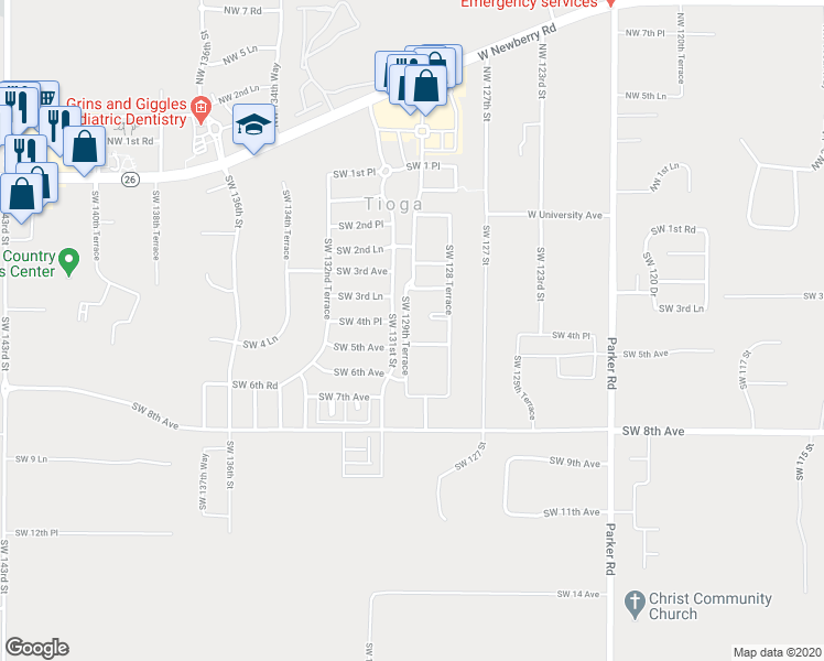 map of restaurants, bars, coffee shops, grocery stores, and more near 457 Southwest 129 Terrace in Newberry