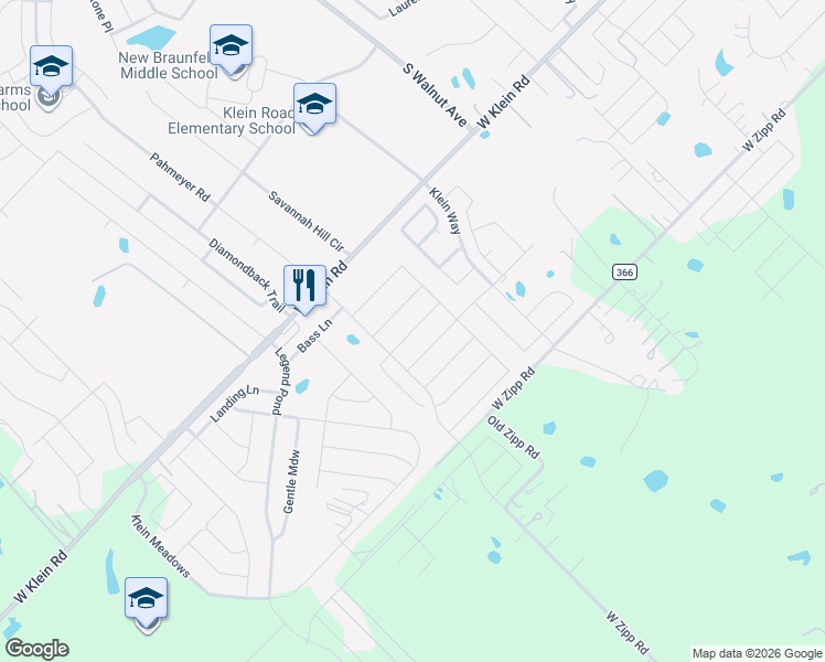 map of restaurants, bars, coffee shops, grocery stores, and more near Rain Dance in New Braunfels