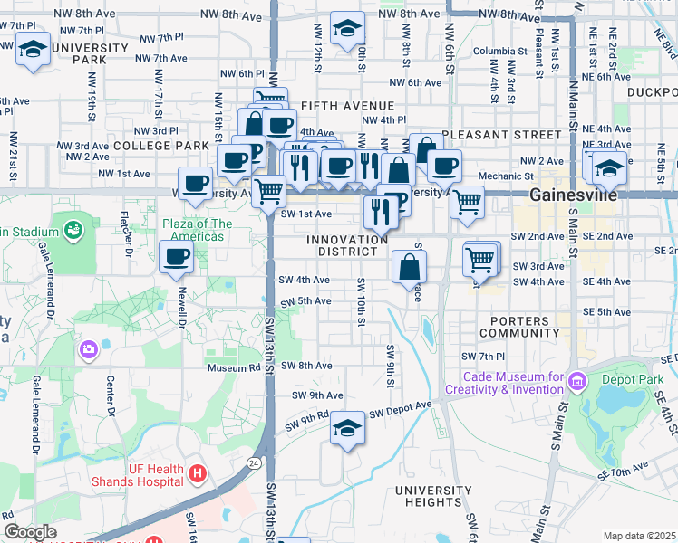 map of restaurants, bars, coffee shops, grocery stores, and more near 1113 Southwest 3rd Avenue in Gainesville