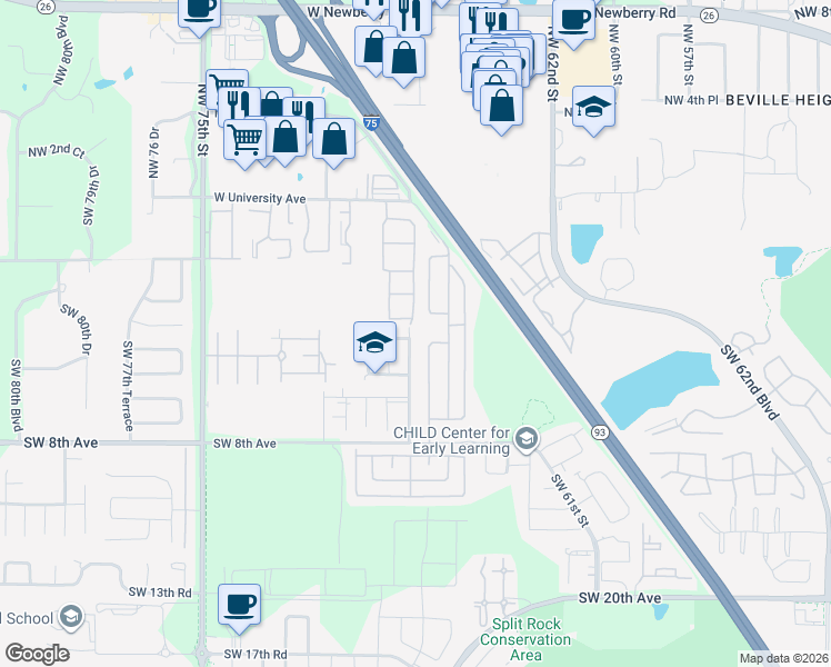 map of restaurants, bars, coffee shops, grocery stores, and more near 6724 Southwest 4th Place in Gainesville