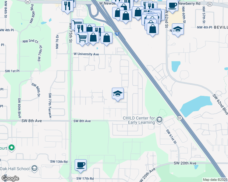 map of restaurants, bars, coffee shops, grocery stores, and more near 6826 Southwest 4th Place in Gainesville