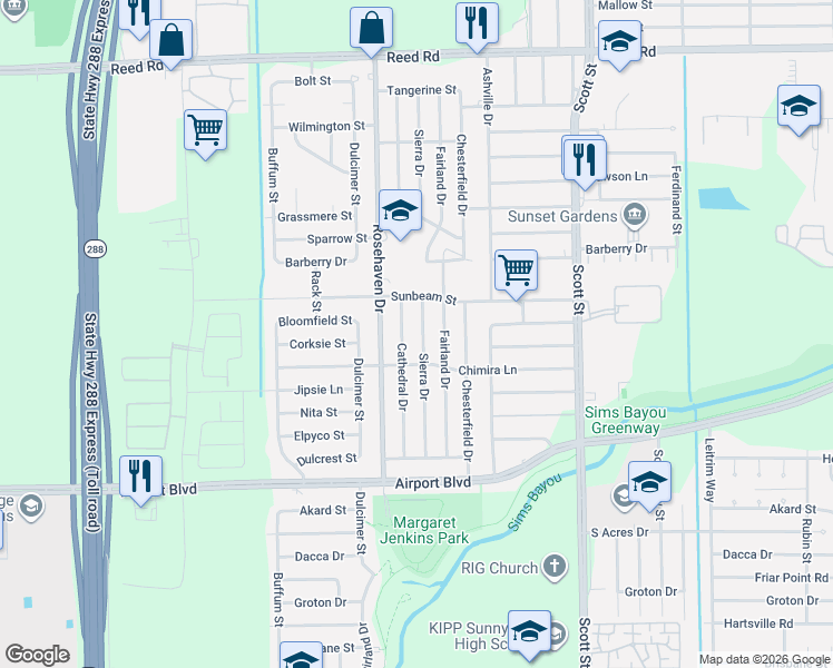 map of restaurants, bars, coffee shops, grocery stores, and more near 10022 Sierra Drive in Houston