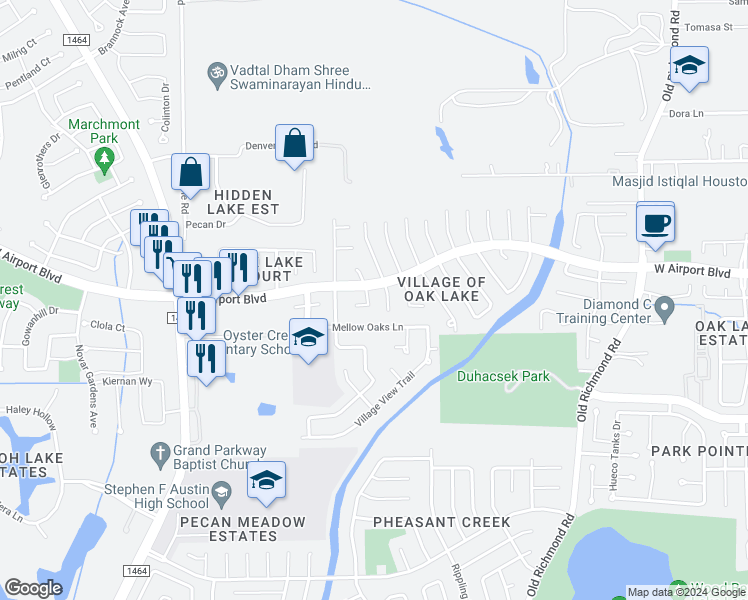 map of restaurants, bars, coffee shops, grocery stores, and more near 16411 Hidden Gate Court in Sugar Land