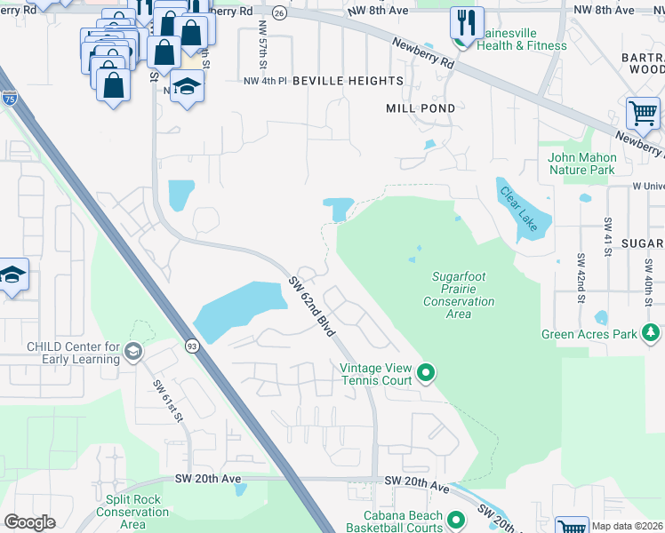 map of restaurants, bars, coffee shops, grocery stores, and more near 315 Southwest 54th Drive in Gainesville