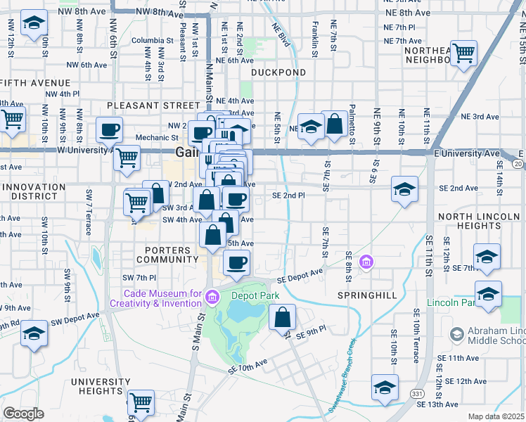 map of restaurants, bars, coffee shops, grocery stores, and more near 321g Southeast 4 Street in Gainesville