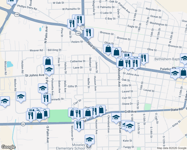 map of restaurants, bars, coffee shops, grocery stores, and more near 2217 Saint Johns Avenue in Palatka