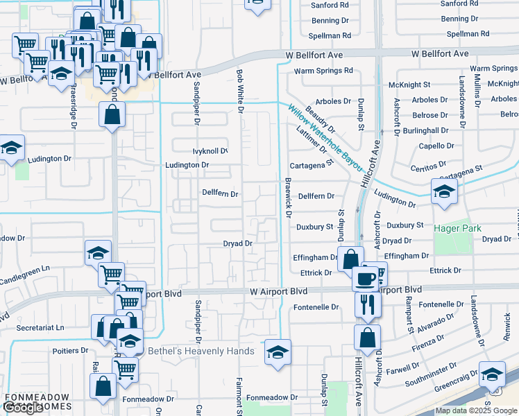map of restaurants, bars, coffee shops, grocery stores, and more near 6217 Ludington Drive in Houston