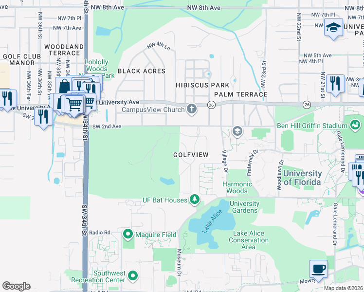 map of restaurants, bars, coffee shops, grocery stores, and more near 2732 Southwest 4th Place in Gainesville