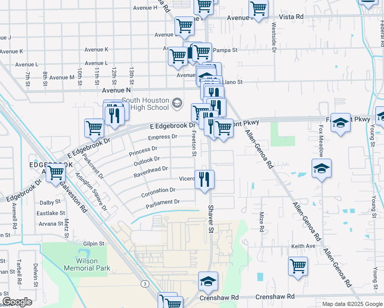 map of restaurants, bars, coffee shops, grocery stores, and more near 331 Outlook Drive in Houston