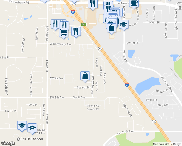 map of restaurants, bars, coffee shops, grocery stores, and more near 6724 Southwest 4th Place in Gainesville
