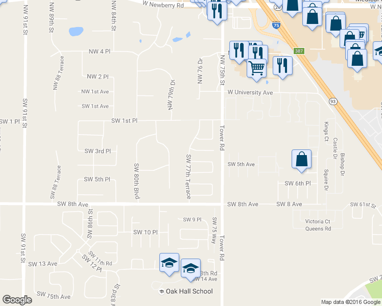 map of restaurants, bars, coffee shops, grocery stores, and more near 327 Southwest 77th Terrace in Gainesville