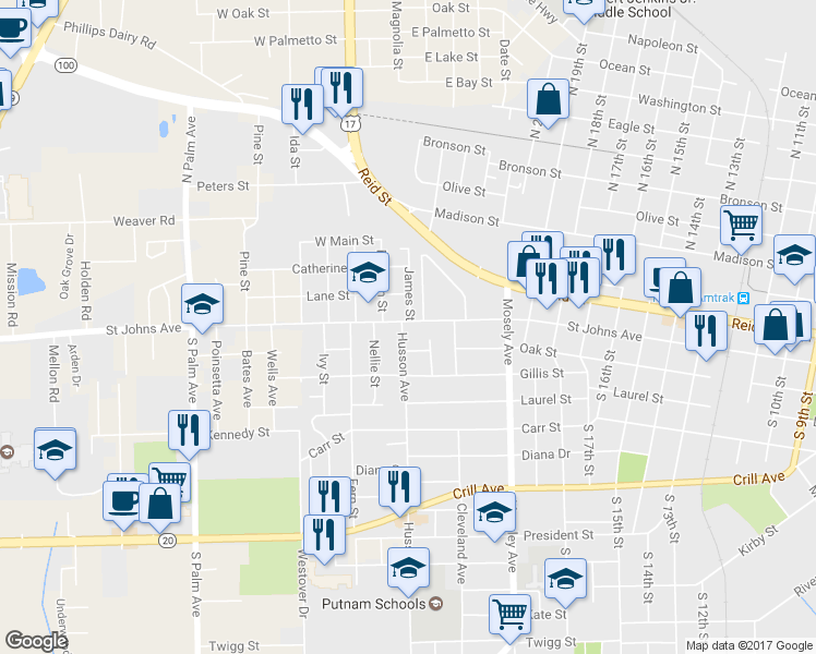 map of restaurants, bars, coffee shops, grocery stores, and more near 2217 Saint Johns Avenue in Palatka