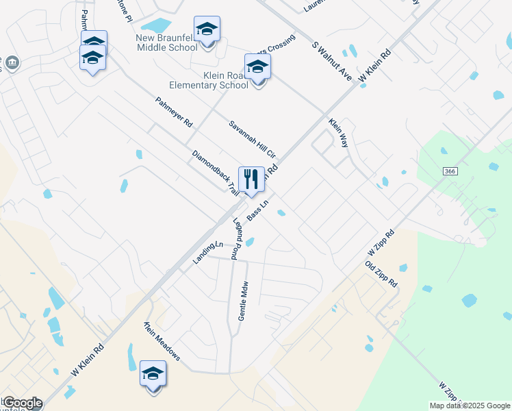 map of restaurants, bars, coffee shops, grocery stores, and more near 140 Bass Lane in New Braunfels