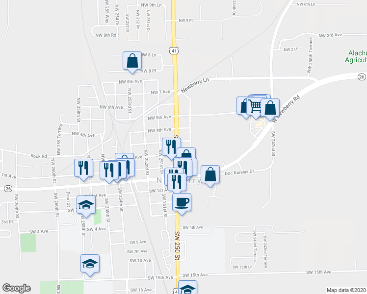 map of restaurants, bars, coffee shops, grocery stores, and more near 253 Southwest 250 Street in Newberry