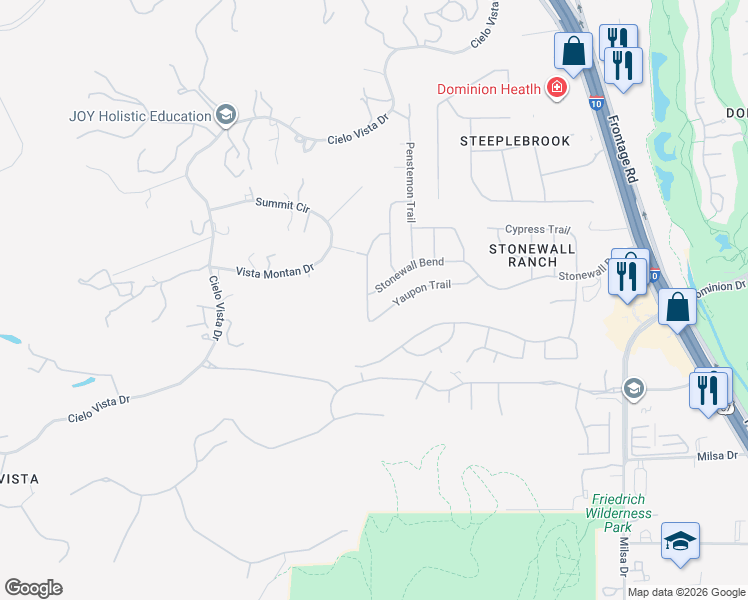 map of restaurants, bars, coffee shops, grocery stores, and more near 134 Stonewall Bend in San Antonio