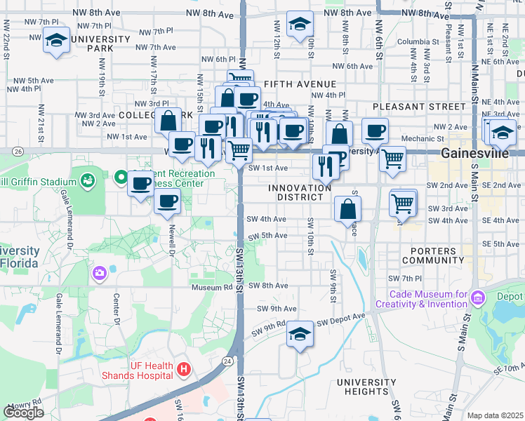 map of restaurants, bars, coffee shops, grocery stores, and more near 1231 Southwest 3rd Avenue in Gainesville