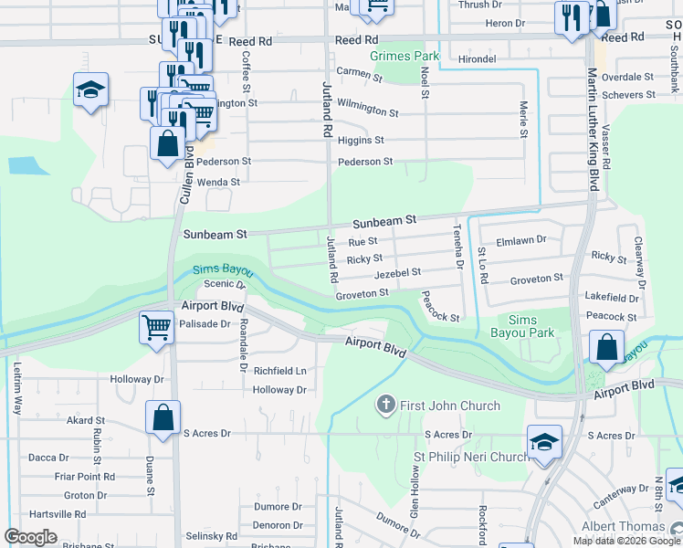 map of restaurants, bars, coffee shops, grocery stores, and more near 5121 Jezebel Street in Houston