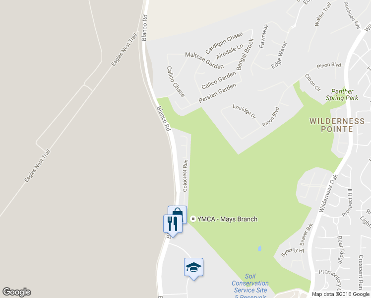 map of restaurants, bars, coffee shops, grocery stores, and more near 22206 Goldcrest Run in San Antonio