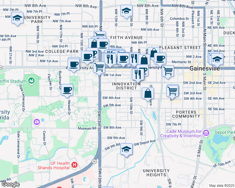 map of restaurants, bars, coffee shops, grocery stores, and more near 313 Southwest 12th Street in Gainesville