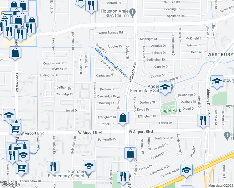 map of restaurants, bars, coffee shops, grocery stores, and more near 5910 Dawnridge Dr in Houston