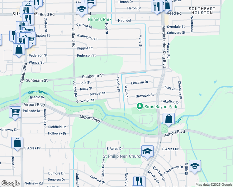 map of restaurants, bars, coffee shops, grocery stores, and more near 5426 Jezebel Street in Houston