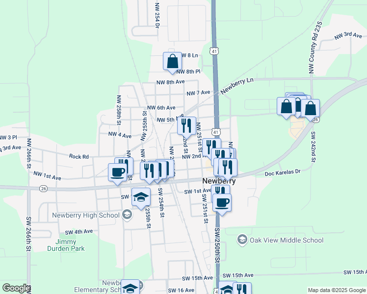 map of restaurants, bars, coffee shops, grocery stores, and more near 290 Northwest 252 Street in Newberry