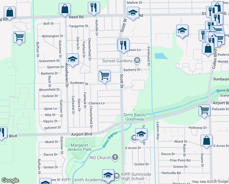 map of restaurants, bars, coffee shops, grocery stores, and more near 3622 Bloomfield Street in Houston