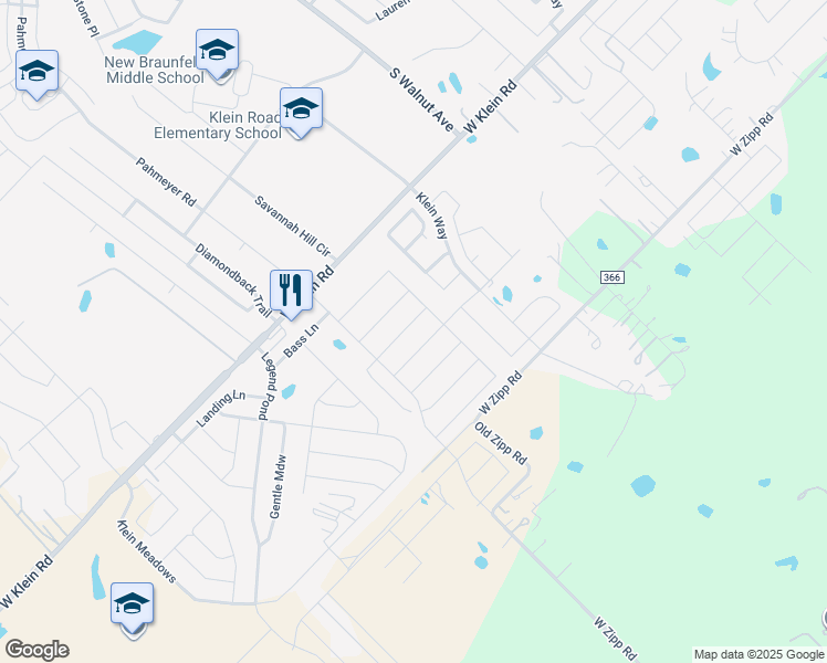 map of restaurants, bars, coffee shops, grocery stores, and more near 721 Rain Dance in New Braunfels